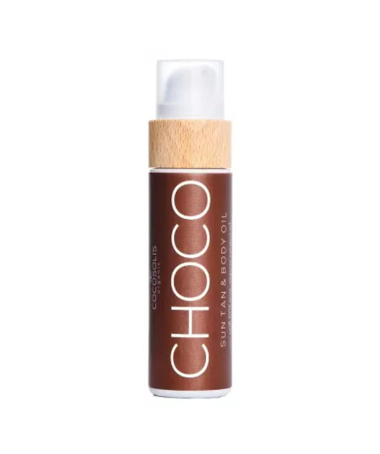 CocoSolis Choco Suntan and Body Oil organic tanning oil bottle from SkinSkulpt