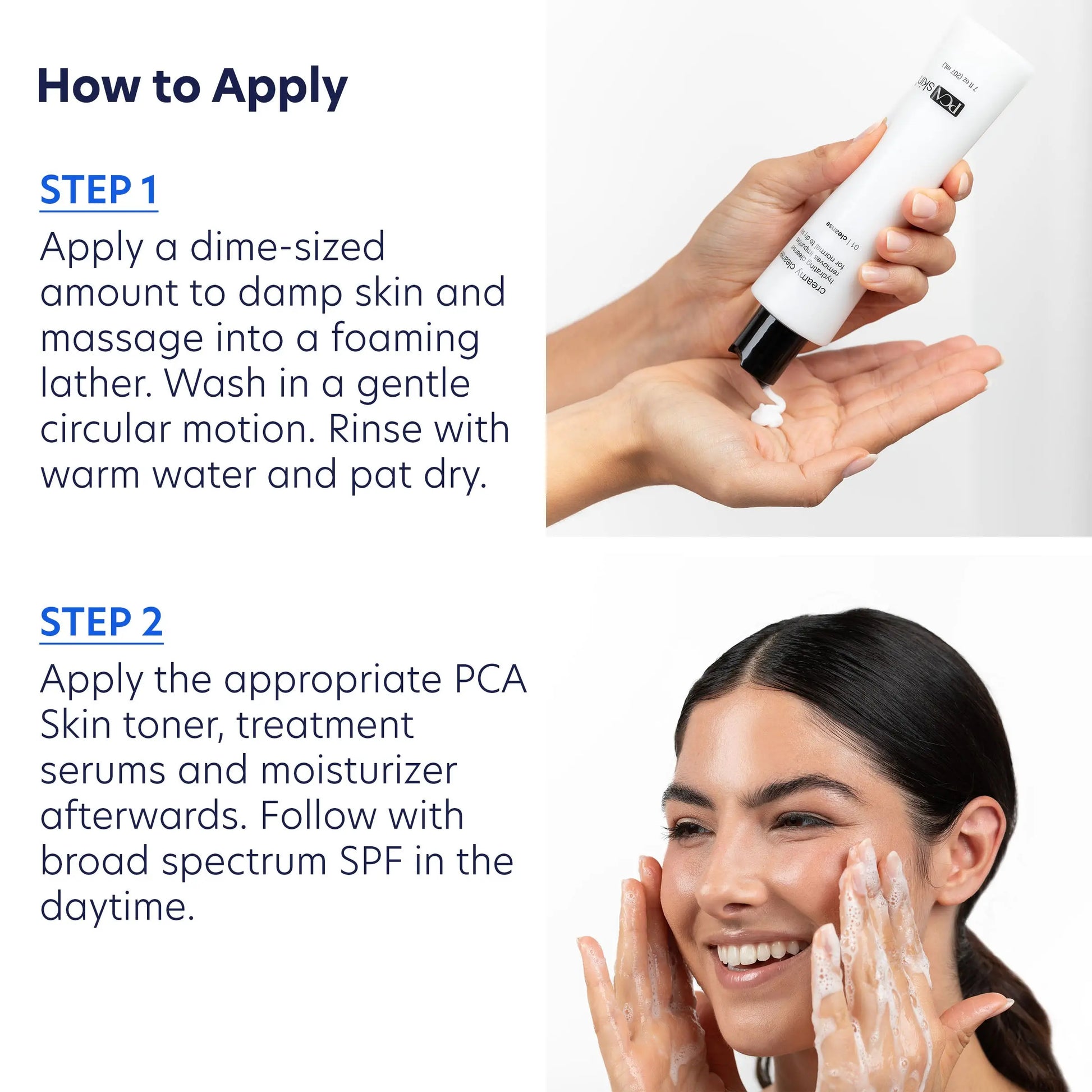 How to apply PCA Creamy Cleanser in two steps, from SkinSkulpt