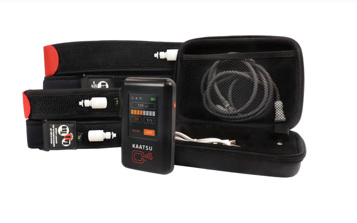 KAATSU C4 blood flow restriction system with AirBands and case, via SkinSkulpt