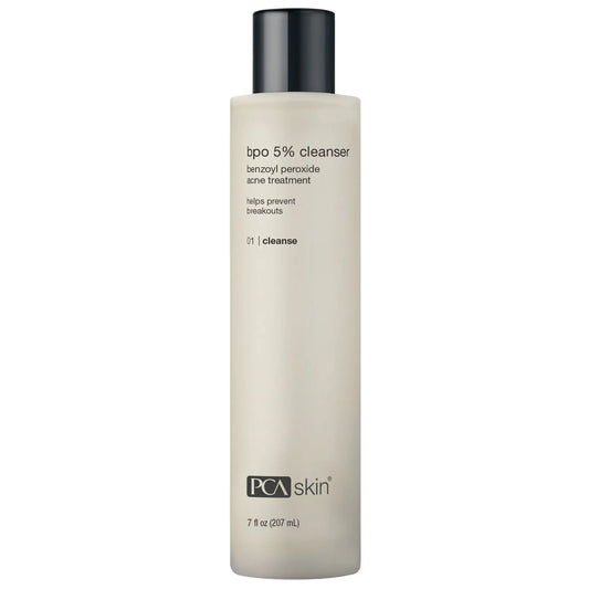 PCA Skin BPO 5% benzoyl peroxide acne cleanser bottle from SkinSkulpt
