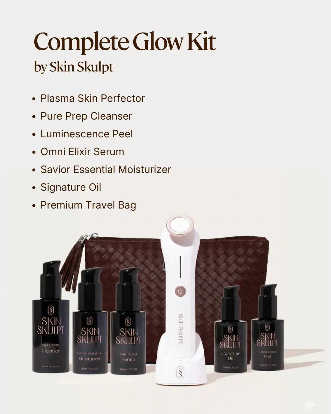 The Complete Glow Kit from Skin Skulpt. Features the Plasma Skin Perfector device with plasma technology, Pure Prep Cleanser, Savior Essential Moisturizer, Signature Oil, and Luminescence Peel for complete skin transformation.