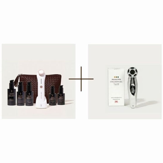 The Complete Glow Kit from Skin Skulpt and the Time Master Pro Bundle. Includes the Plasma Skin Perfector, moisturizer, cleanser, peel, oil, and red light therapy device from Time Master Pro.