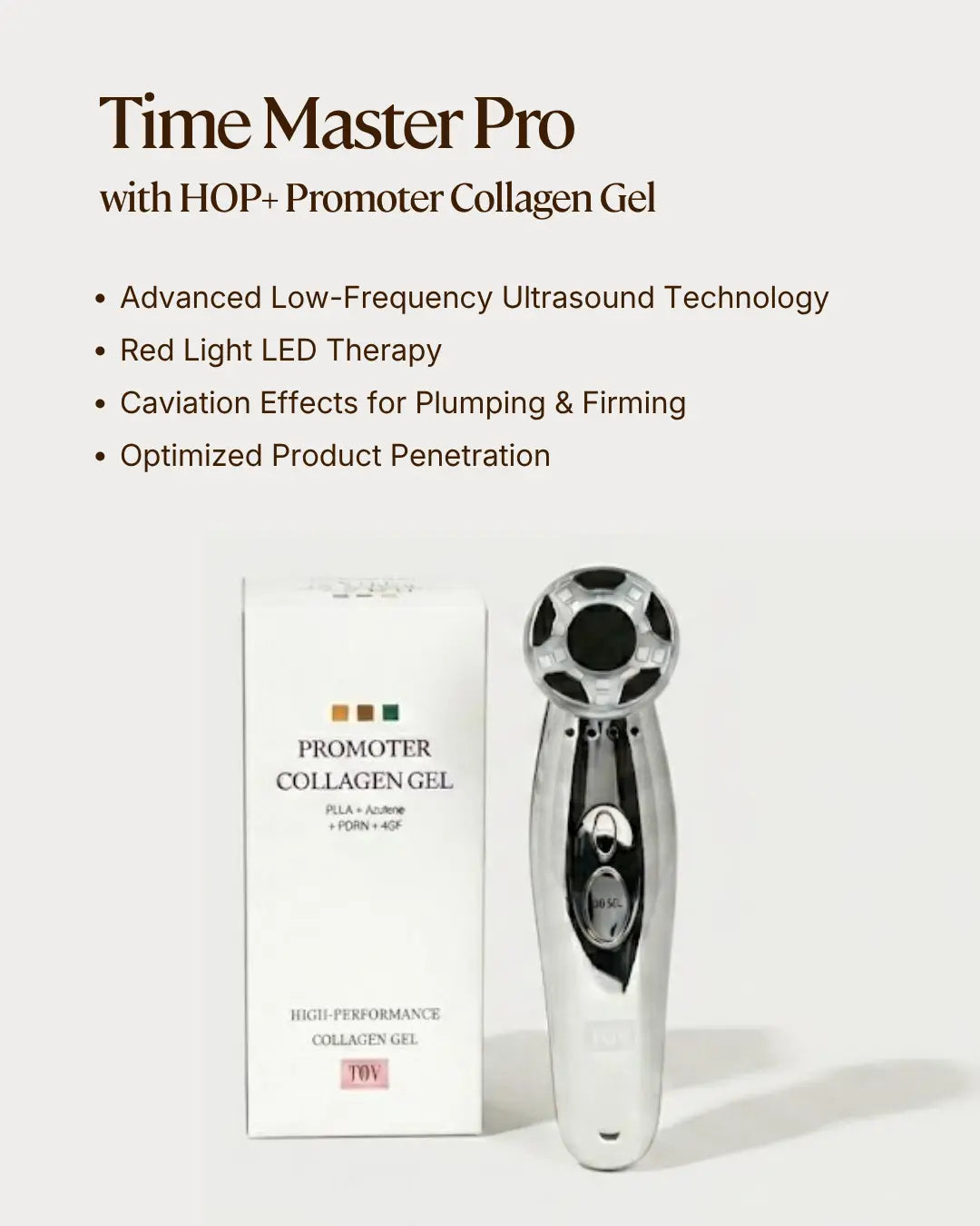 The Time Master Pro Red Light LED device with HOP+ House of PLLA Promoter Collagen Gel